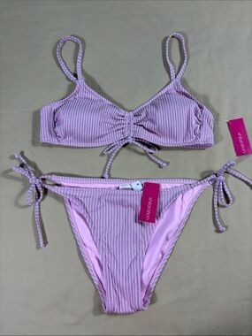 Xhilaration Pink Metallic Ribbed Cinched Bralette Bikini Set Large NWT Swimwear
